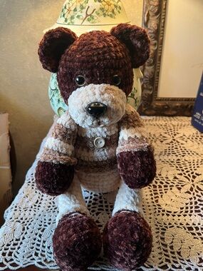 Handmade Crochet Plush Brown & Cream Teddy Bear Toy - Soft Cuddly Plush 13”. New